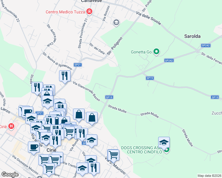 map of restaurants, bars, coffee shops, grocery stores, and more near 21 Strada San Giovanni in San Carlo Canavese