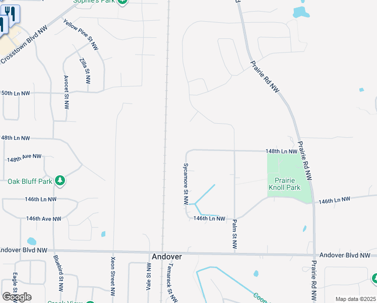 map of restaurants, bars, coffee shops, grocery stores, and more near 15929 Sycamore Street Northwest in Andover