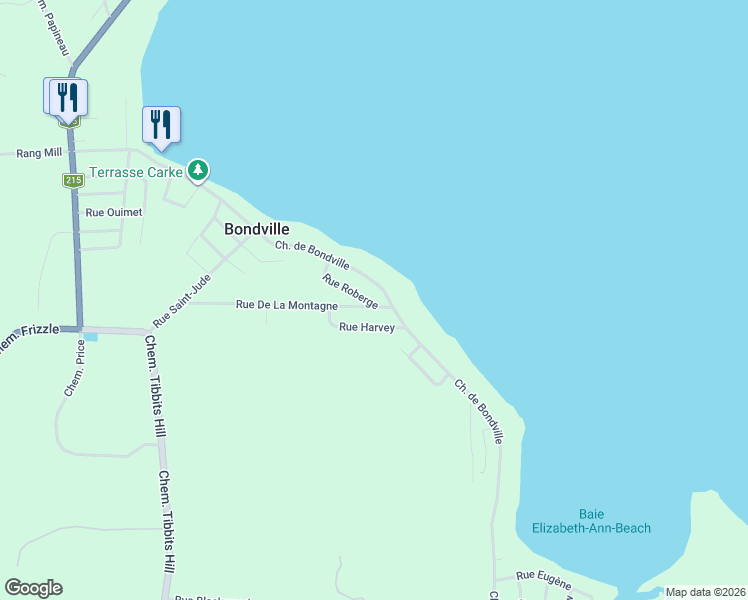 map of restaurants, bars, coffee shops, grocery stores, and more near 0 Rue Montagne in Lac-Brome