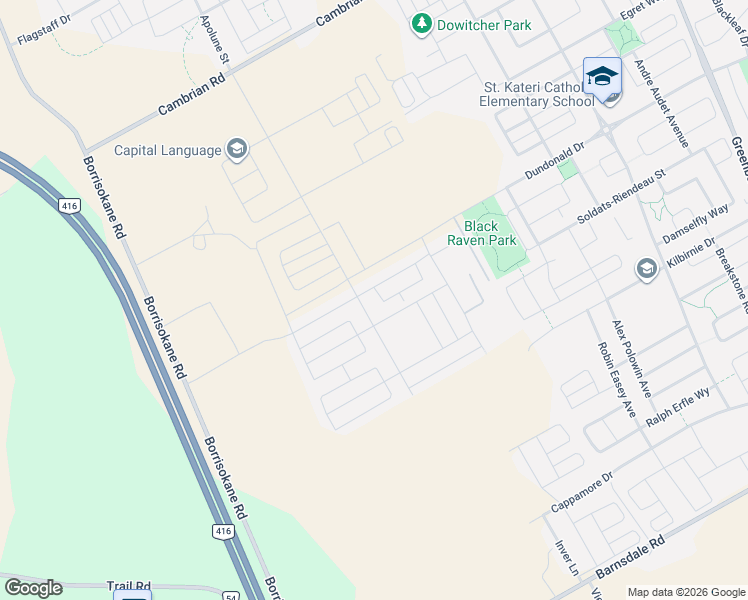 map of restaurants, bars, coffee shops, grocery stores, and more near 16 Focality Crescent in Ottawa