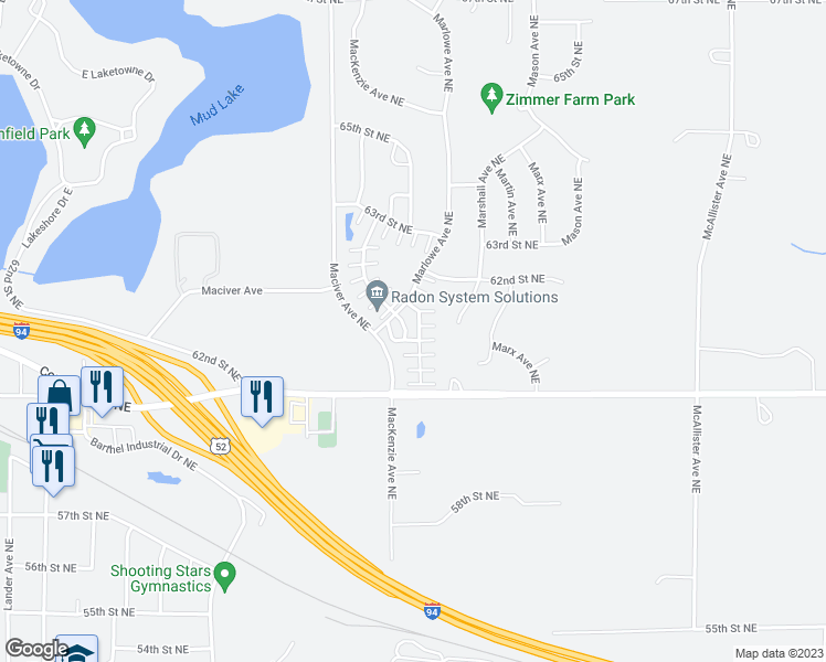 map of restaurants, bars, coffee shops, grocery stores, and more near 6129 Manchester Avenue Northeast in Otsego