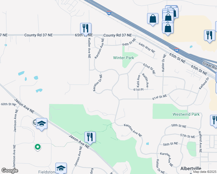 map of restaurants, bars, coffee shops, grocery stores, and more near 10206 Karston Drive Northeast in Albertville