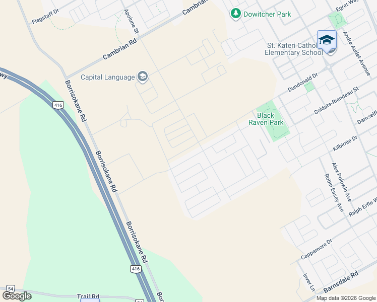 map of restaurants, bars, coffee shops, grocery stores, and more near 544 Promontory Place in Ottawa