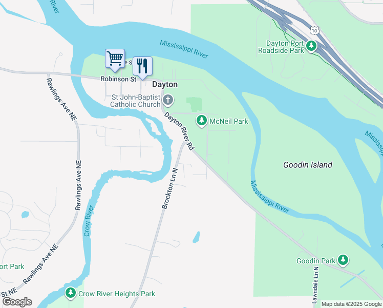 map of restaurants, bars, coffee shops, grocery stores, and more near 18271 Dayton River Road in Dayton