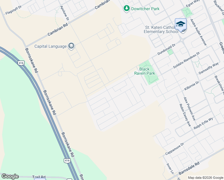 map of restaurants, bars, coffee shops, grocery stores, and more near 12 Focality Crescent in Ottawa
