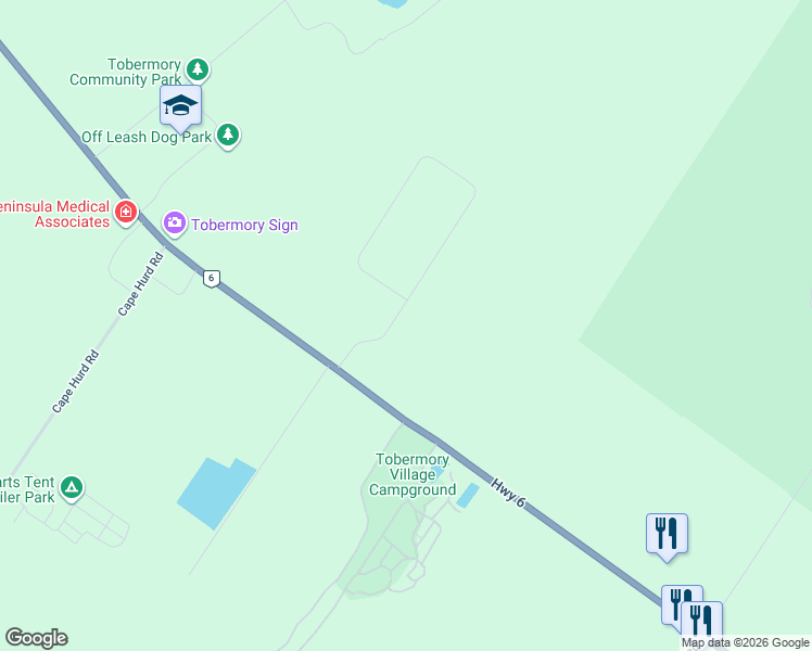 map of restaurants, bars, coffee shops, grocery stores, and more near 26 Maple Golf Crescent in Tobermory