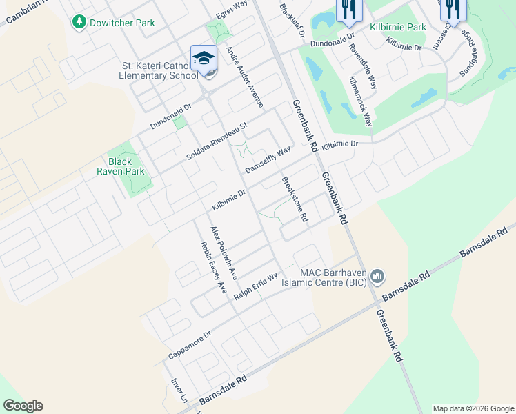 map of restaurants, bars, coffee shops, grocery stores, and more near 2554 River Mist Road in Ottawa