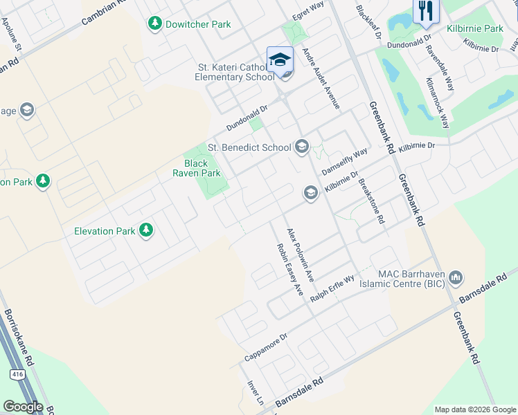 map of restaurants, bars, coffee shops, grocery stores, and more near 520 Rye Grass Way in Ottawa
