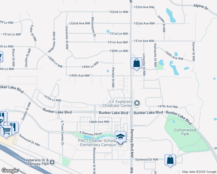 map of restaurants, bars, coffee shops, grocery stores, and more near 7333 148th Lane Northwest in Ramsey