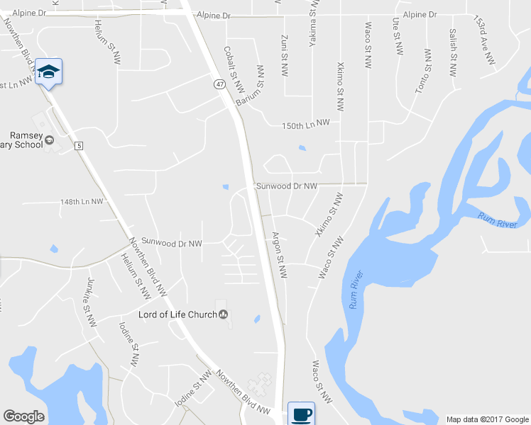 map of restaurants, bars, coffee shops, grocery stores, and more near 14800 Argon Street Northwest in Ramsey