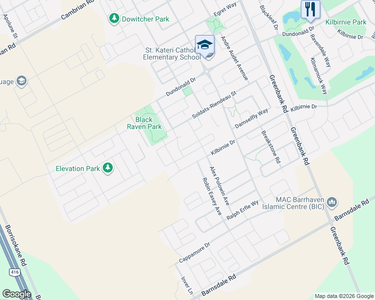 map of restaurants, bars, coffee shops, grocery stores, and more near 53 Lentago Avenue in Ottawa