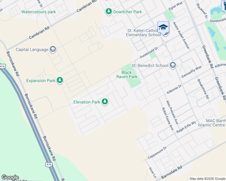 map of restaurants, bars, coffee shops, grocery stores, and more near 651 Chillerton Drive in Ottawa