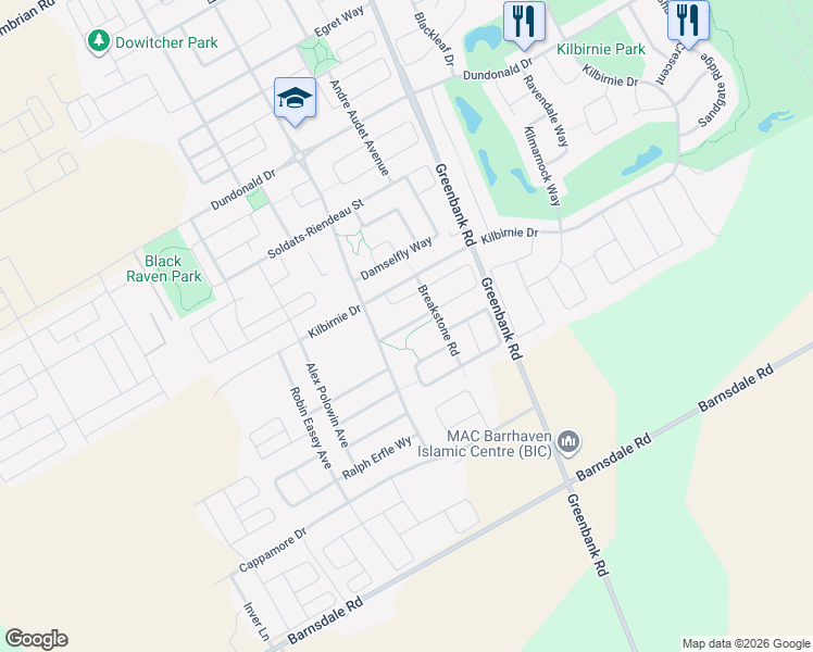map of restaurants, bars, coffee shops, grocery stores, and more near Ramsgrange Street in Ottawa