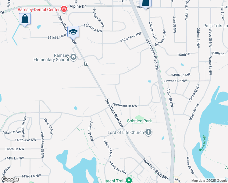 map of restaurants, bars, coffee shops, grocery stores, and more near 14838 Germanium Street Northwest in Ramsey