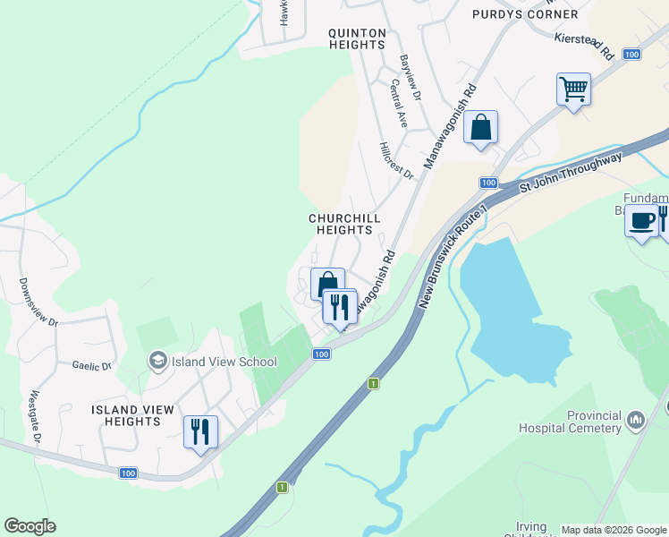 map of restaurants, bars, coffee shops, grocery stores, and more near Centennial Drive in Saint John