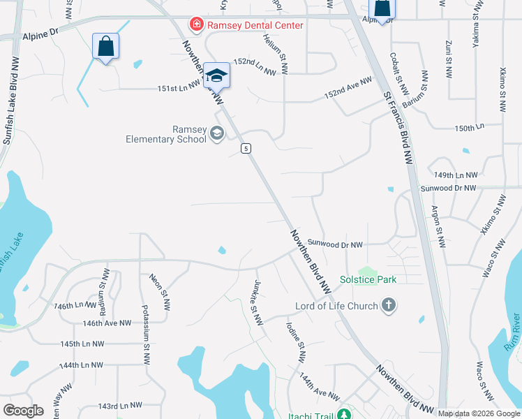 map of restaurants, bars, coffee shops, grocery stores, and more near 5700 148th Lane Northwest in Ramsey