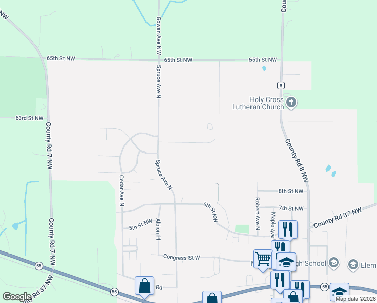 map of restaurants, bars, coffee shops, grocery stores, and more near 820 Spruce Avenue North in Maple Lake