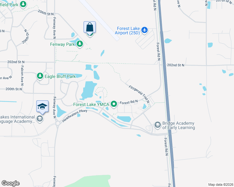 map of restaurants, bars, coffee shops, grocery stores, and more near 19850 Forest Road North in Forest Lake