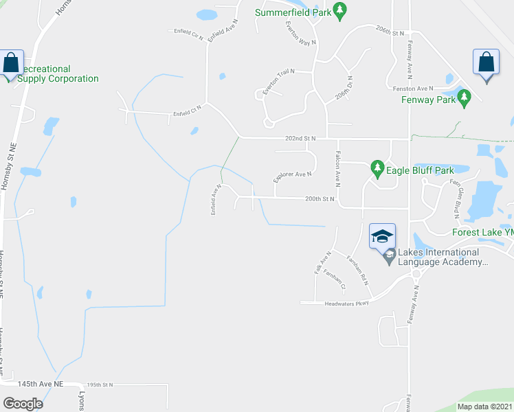 map of restaurants, bars, coffee shops, grocery stores, and more near 4853 200th Street North in Forest Lake