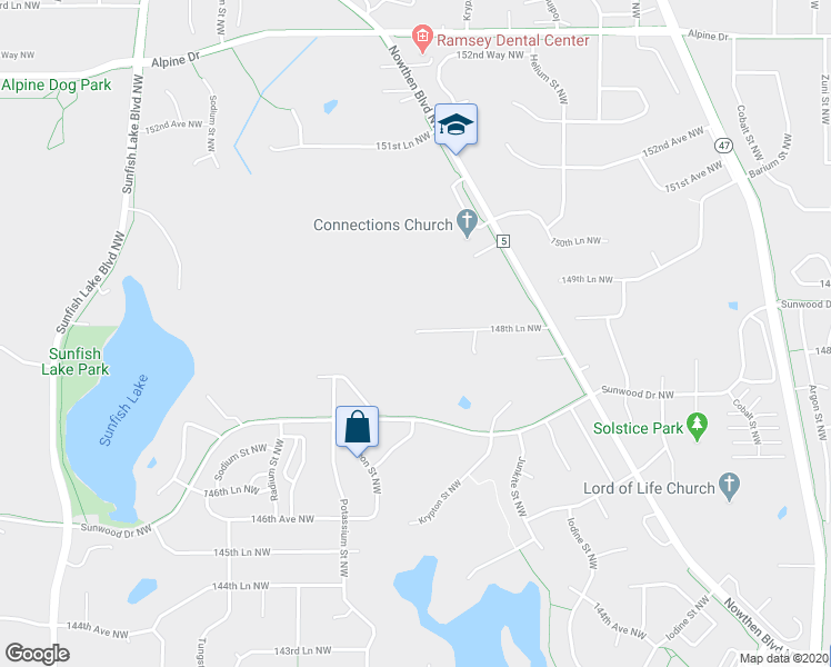 map of restaurants, bars, coffee shops, grocery stores, and more near 7356 148th Lane Northwest in Ramsey