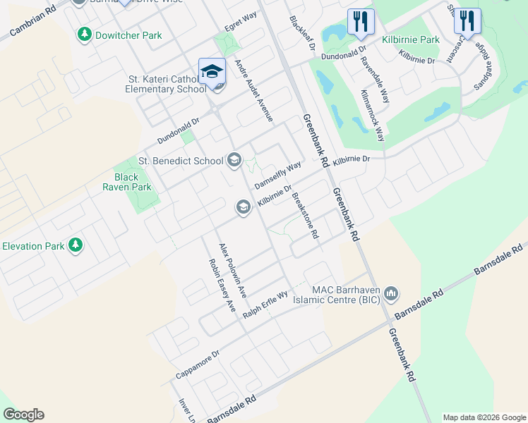 map of restaurants, bars, coffee shops, grocery stores, and more near 2538 River Mist Road in Ottawa