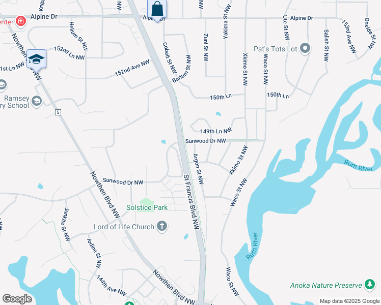 map of restaurants, bars, coffee shops, grocery stores, and more near 14800 Argon Street Northwest in Ramsey
