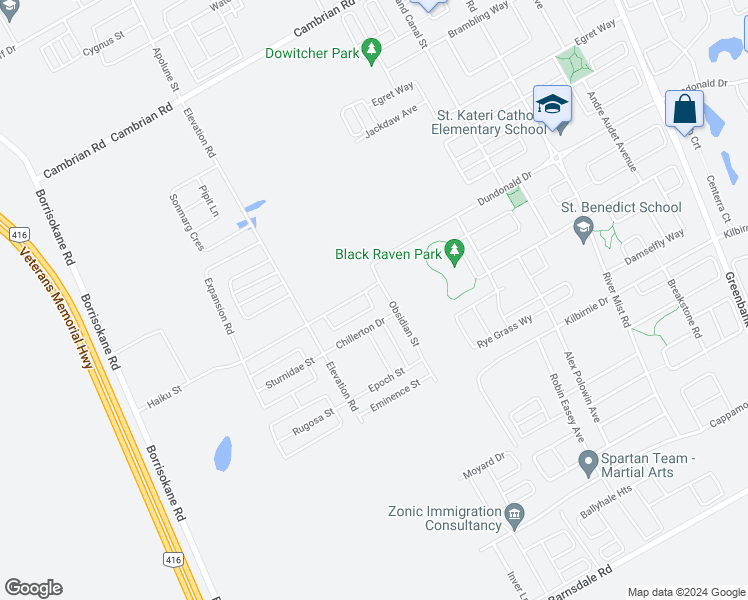 map of restaurants, bars, coffee shops, grocery stores, and more near 72 Focality Crescent in Ottawa