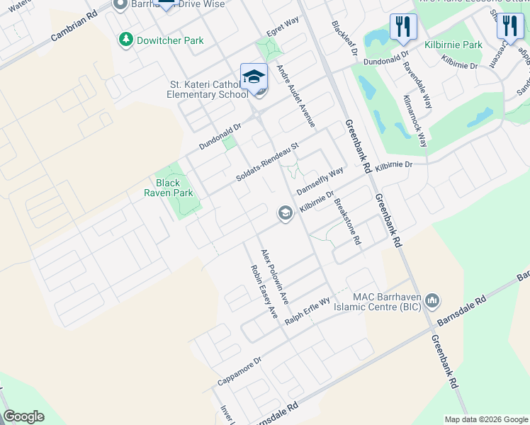 map of restaurants, bars, coffee shops, grocery stores, and more near Buffalograss Crescent in Ottawa