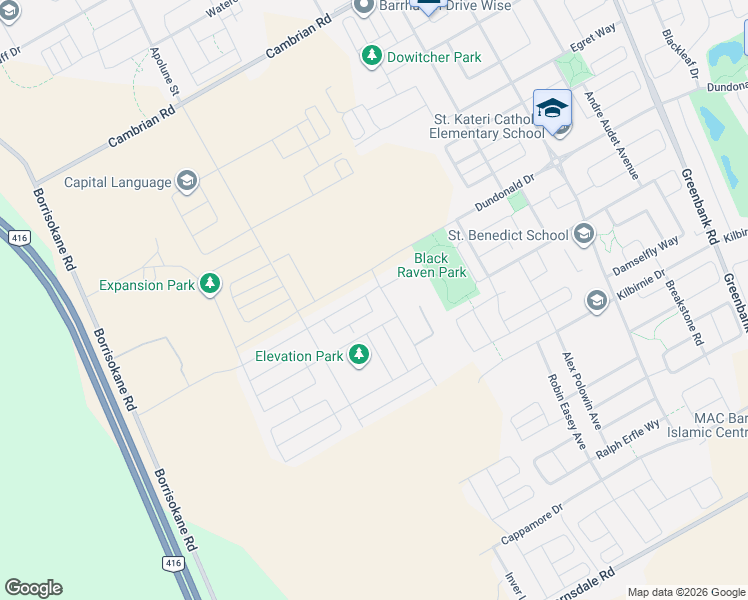 map of restaurants, bars, coffee shops, grocery stores, and more near 72 Focality Crescent in Ottawa