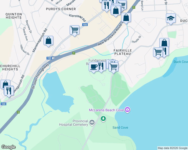map of restaurants, bars, coffee shops, grocery stores, and more near 1216 Sand Cove Road in Saint John