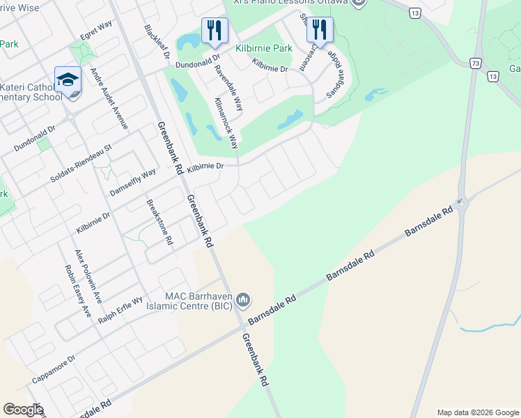 map of restaurants, bars, coffee shops, grocery stores, and more near 132 Laramie Crescent in Ottawa