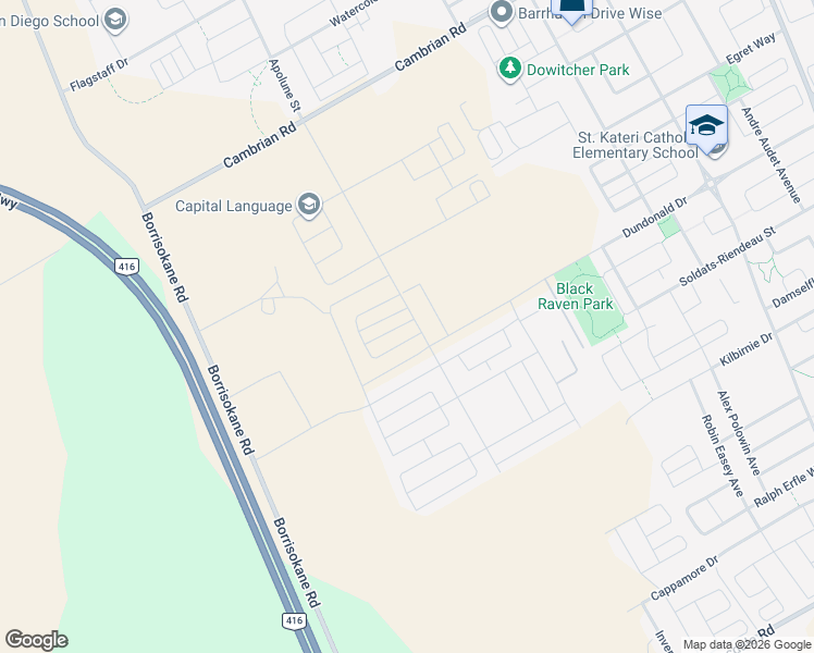 map of restaurants, bars, coffee shops, grocery stores, and more near 305 Catsfoot Walk in Ottawa