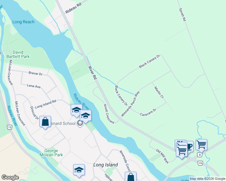 map of restaurants, bars, coffee shops, grocery stores, and more near 1032 Black Canary Drive in Ottawa