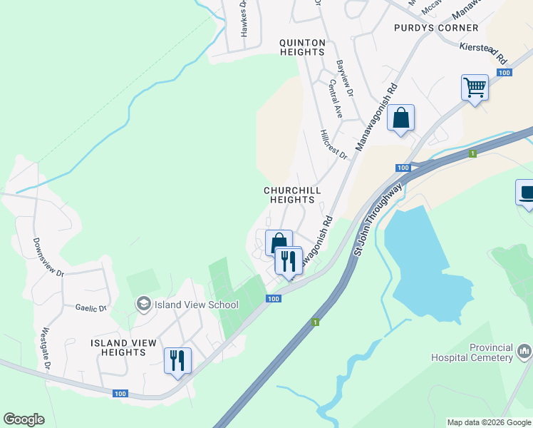 map of restaurants, bars, coffee shops, grocery stores, and more near 44 Centennial Drive in Saint John