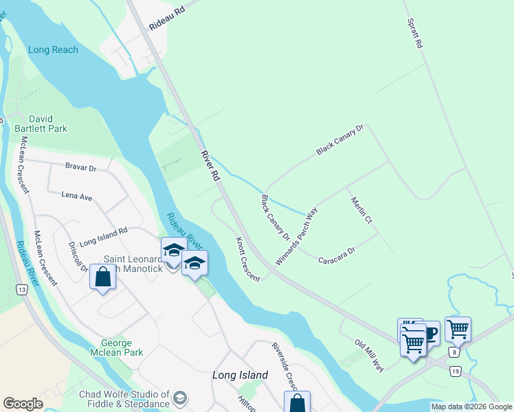 map of restaurants, bars, coffee shops, grocery stores, and more near 1032 Black Canary Drive in Ottawa