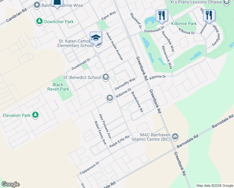 map of restaurants, bars, coffee shops, grocery stores, and more near 948 Kilbirnie Drive in Ottawa