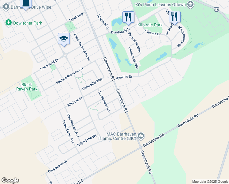 map of restaurants, bars, coffee shops, grocery stores, and more near Lauraleaf Crescent in Ottawa