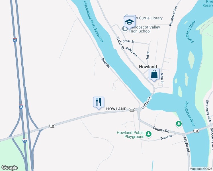 map of restaurants, bars, coffee shops, grocery stores, and more near 36 River Road in Howland