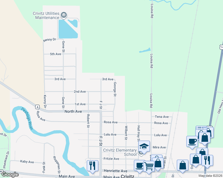 map of restaurants, bars, coffee shops, grocery stores, and more near 908 2nd Avenue in Crivitz