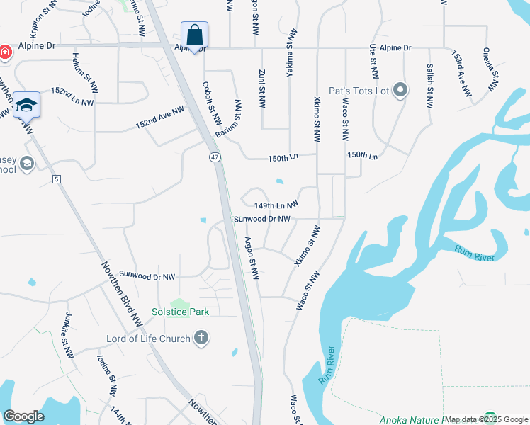 map of restaurants, bars, coffee shops, grocery stores, and more near 5220 149th Lane Northwest in Ramsey