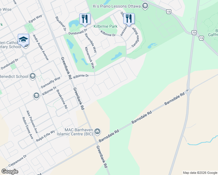 map of restaurants, bars, coffee shops, grocery stores, and more near 167 Chenoa Way in Ottawa