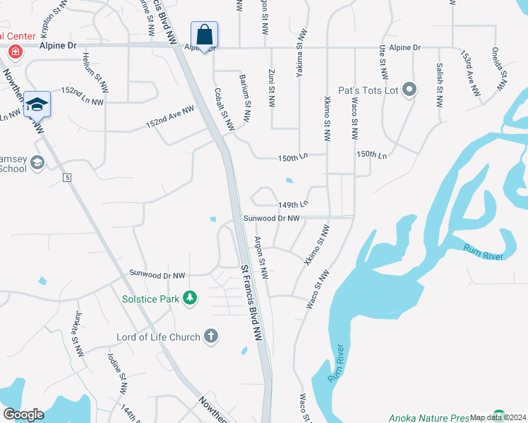 map of restaurants, bars, coffee shops, grocery stores, and more near 5240 149th Lane Northwest in Ramsey