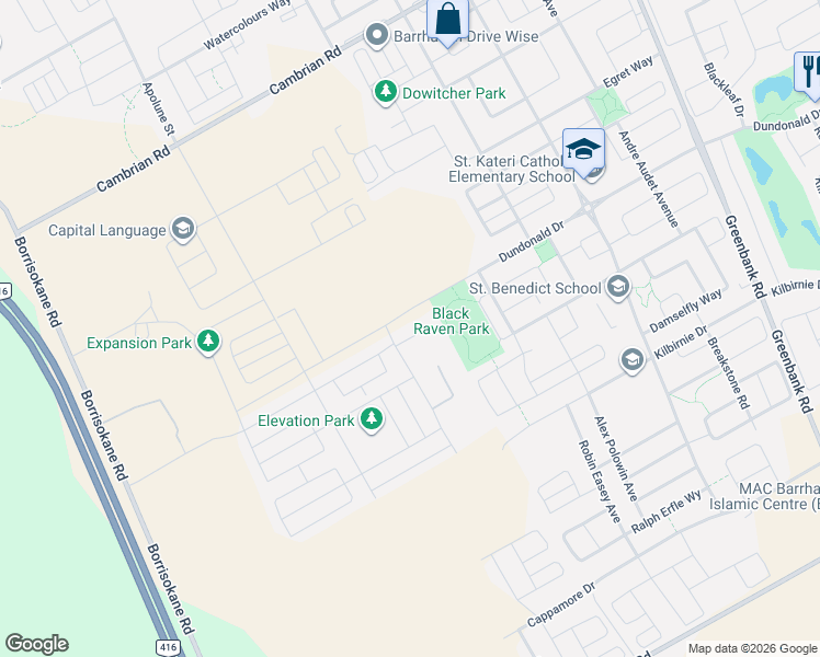 map of restaurants, bars, coffee shops, grocery stores, and more near 210 Parnian Private in Ottawa