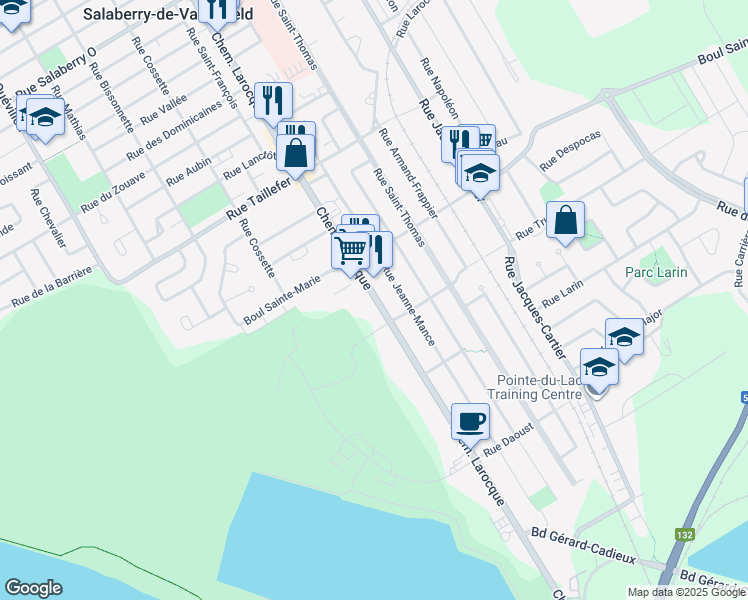 map of restaurants, bars, coffee shops, grocery stores, and more near 420 Chemin Larocque in Salaberry-de-Valleyfield