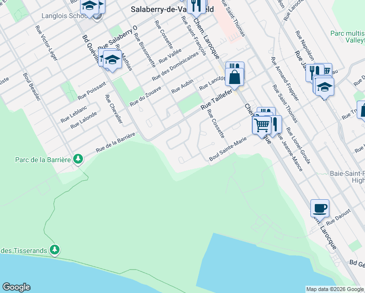 map of restaurants, bars, coffee shops, grocery stores, and more near 235 Rue Bissonnette in Salaberry-de-Valleyfield