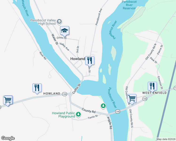 map of restaurants, bars, coffee shops, grocery stores, and more near 3 Valley Avenue in Howland