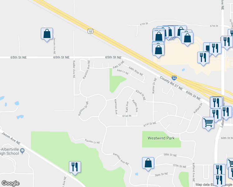 map of restaurants, bars, coffee shops, grocery stores, and more near 10408 62nd Street Northeast in Albertville