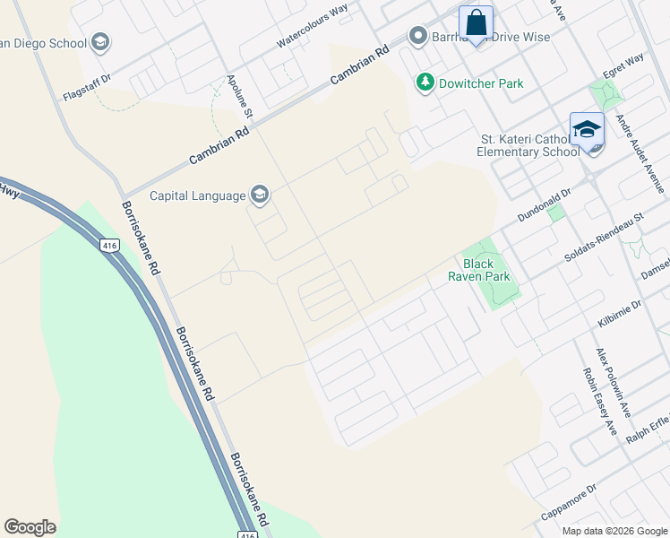 map of restaurants, bars, coffee shops, grocery stores, and more near Elevation Road in Ottawa