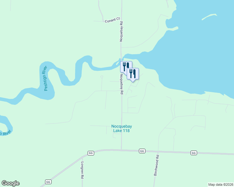 map of restaurants, bars, coffee shops, grocery stores, and more near N7843 Noquebay Road in Crivitz