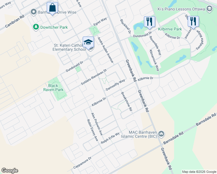 map of restaurants, bars, coffee shops, grocery stores, and more near 160 Damselfly Way in Ottawa